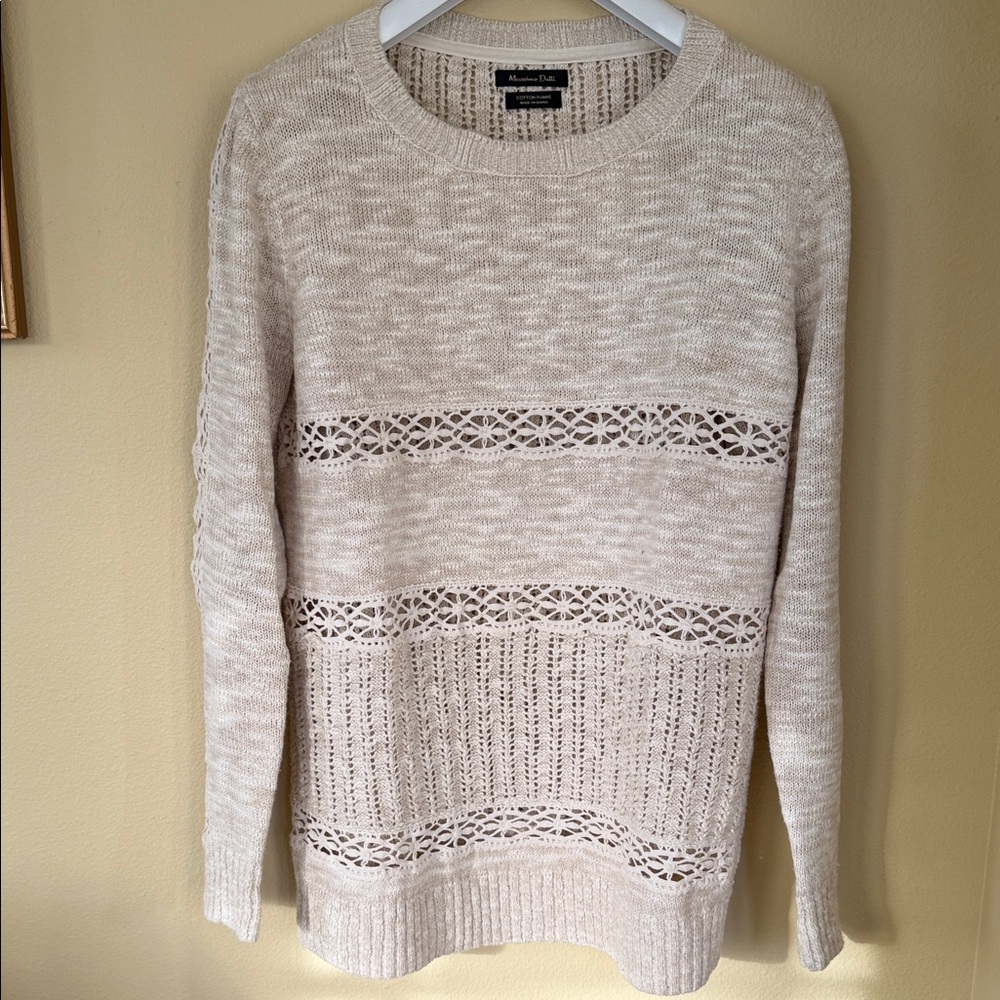 Massimo Dutti Cream Cotton Ramie Crew Neck Sweater Size Medium EUC